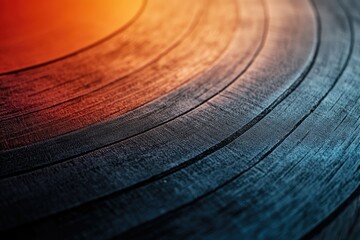 Close-up of a vinyl record's grooves, showcasing its texture and warm color gradients.