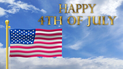 happy 4th of july greetings in golden colour with waving usa flag in bright Blue and cloudy sky. concept for independence day celebration in america