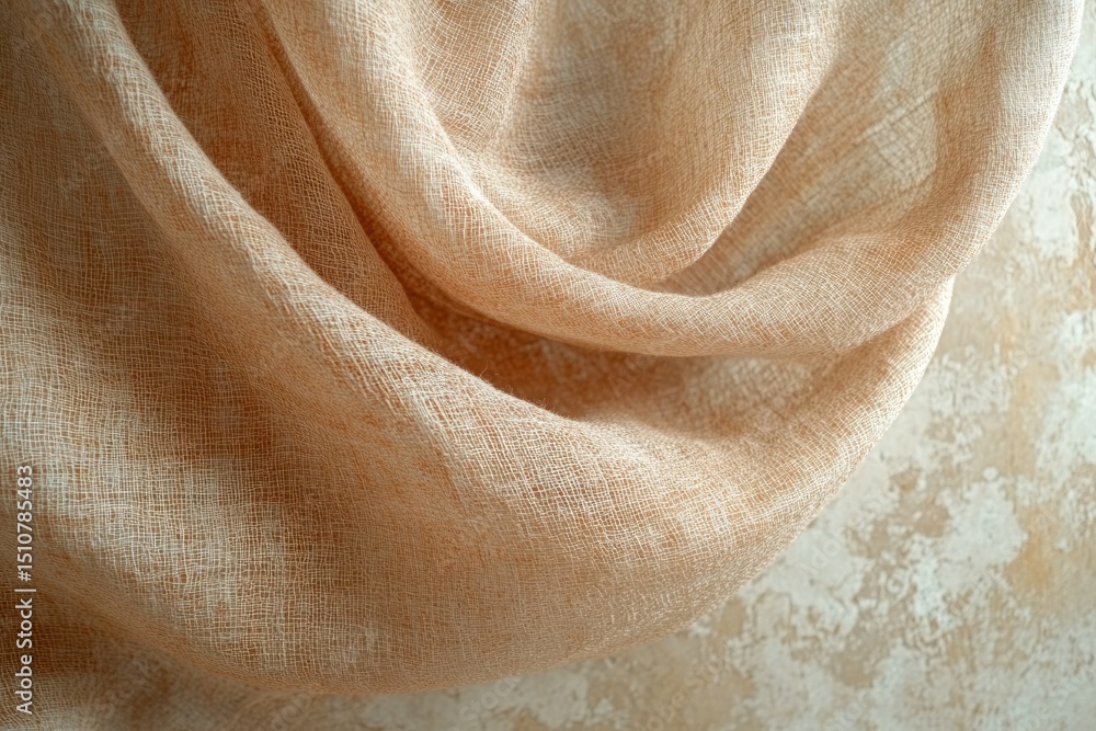 Poster draped light peach linen fabric with a textured weave, showcasing its soft and flowing nature.