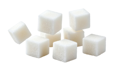 Many white sugar cubes falling from above, isolated on transparent background with high detail and no shadow