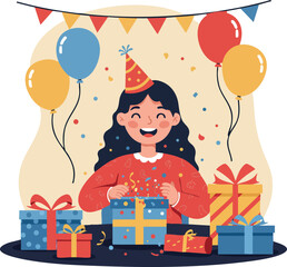 Girl Celebrating Birthday with Party Hat Balloons and Gift Boxes Illustration 