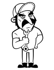 The Mechanic cartoon characters wearing safety boots and carrying a wrench. Best for outline, logo, and coloring book with automotive themes