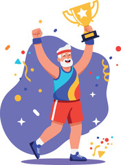 Naklejka premium Elderly man celebrating victory holding golden trophy in sportswear vector illustration 