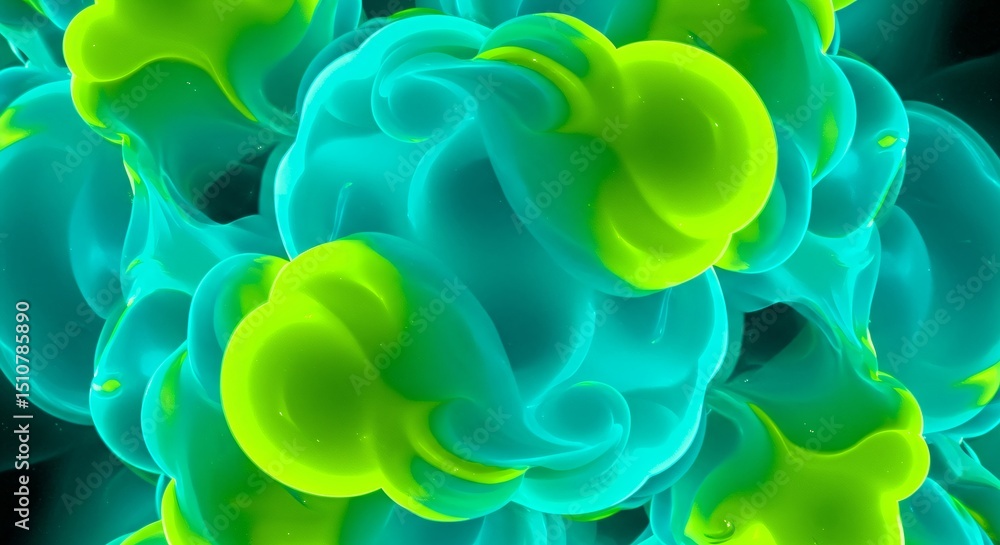 Poster green and turquoise liquid abstract soft shapes background. dynamic ink flow 3d animation concept fo