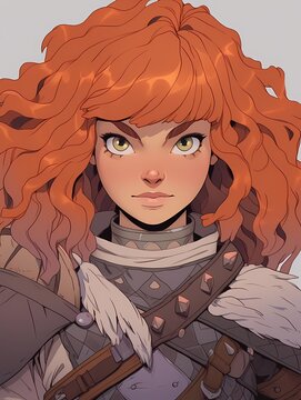 Fantasy anime warrior, orange hair, green eyes, freckles, detailed armor, sword.