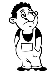 A Man cartoon characters wearing a Jumpsuit and searching for a Job. Best for outline, logo, and coloring book with economic recession themes