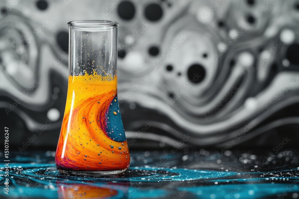 Poster a erlenmeyer flask filled with vibrant orange and blue swirling liquids against a blurred abstract b