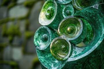 Abstract green glass sculpture with swirling concentric circles, displayed against a mossy stone backdrop.