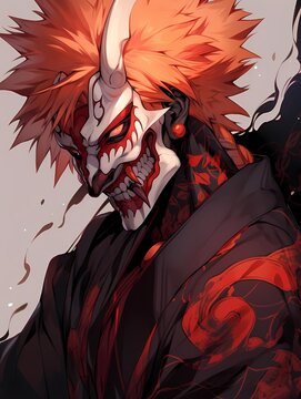 Anime character portrait, dramatic mask, horns, fantasy fashion, elaborate hair, intense gaze.
