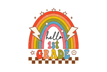 Retro 1st grade design with rainbow, stars, and lightning bolts First Day of School Printable PNG Clipart Sublimation Design