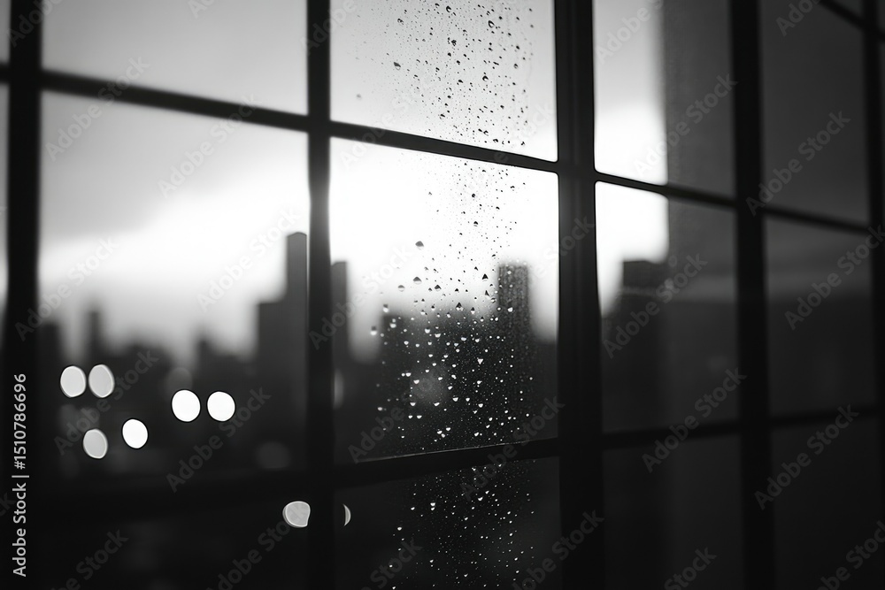 Poster rainy day city view seen through a window pane covered in raindrops, creating a blurry, atmospheric 