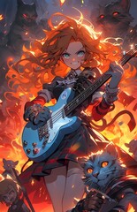 Anime band scene, girl playing electric guitar, fiery background, anime characters illustration.