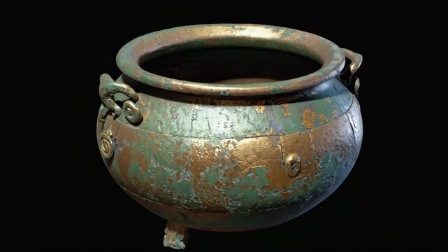 Rotating 3D Model Showcase of an Ancient Patinated Metal Cauldron with Weathered Green and Gold Texture, Featuring Detailed Handles and Legs on a Black Background.