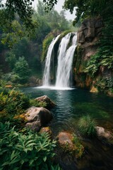 Obraz premium Peaceful natural scene featuring a waterfall cascading into a pond surrounded by rocky cliffs and lush greenery, perfect for hiking or relaxation.