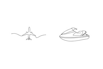 Minimalist line art illustration of airplane and jet ski on a white background