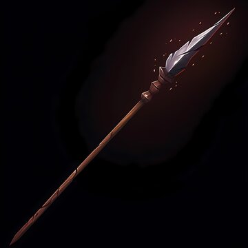 Wooden spear with pointed tip against black background, fantasy weapon