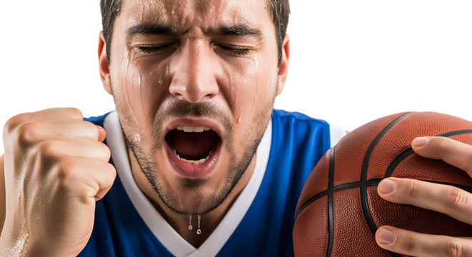 Intense basketball player celebrating a victory with passion and determination