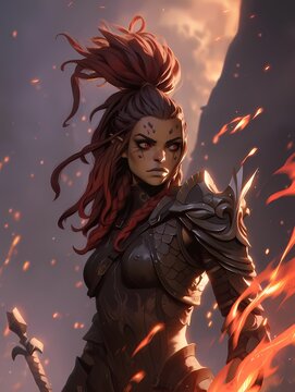 Fierce woman warrior with red hair and sword illustration.