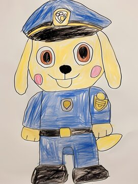 A cartoon dog in a police uniform, with a friendly smile, stands upright with a mix of yellow and blue fur, its human-like appearance captivating.