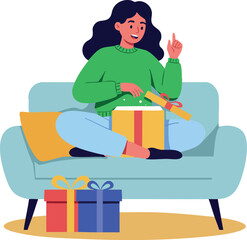 Woman sitting on sofa opening gift box with two colorful presents on floor vector illustration 