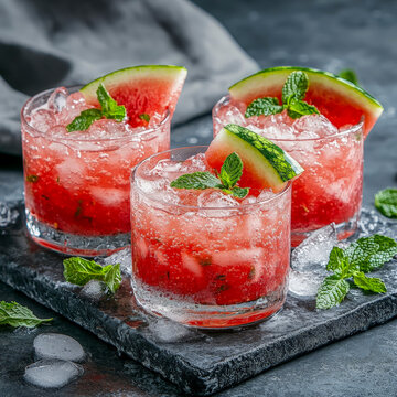 Refreshing watermelon slushie drinks garnished with mint and juicy fruit slices perfect for summer cocktail tutorials party catering and beverage marketing