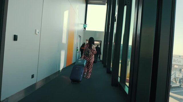 A female passenger with her luggage crosses the passenger bridge at the airport to board her plane.