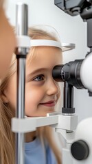 A Young Girl's Vision Exam: Eye Health Checkup with Advanced Optical Equipment for Pediatric Healthcare and Precise Diagnostic Screening