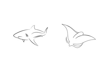 Minimalist black line drawings of a shark and a manta ray isolated on white
