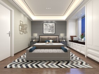 Mock up of an original bedroom with a stylish comfortable bed and a fashionable decorative background, 3D rendering.