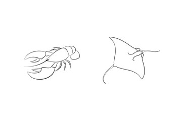 Minimalist line art illustrations of a lobster and a manta ray on a white background