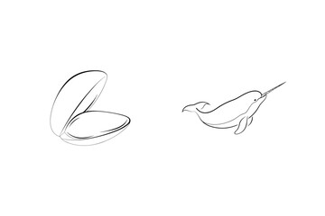 Minimalist line art depiction of an open clam shell and a majestic narwhal