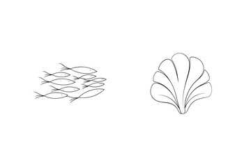 Simple minimalist black and white illustrations of a school of fish and a seashell