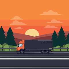 Truck driving on highway at sunset with forest and hills landscape vector illustration 