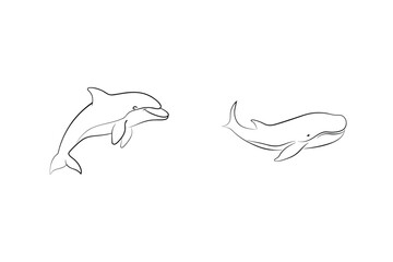 Line drawing illustration of a jumping dolphin and a swimming whale on white background