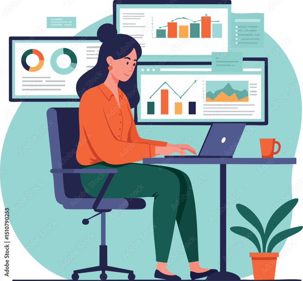 Poster woman analyzing business data on computer with charts and graphs vector illustration