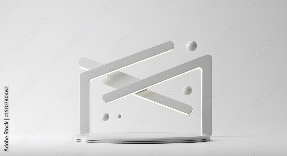 Poster abstract white geometric forms and spheres floating on a platform minimalist 3d render