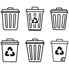 Collection of trash bin and recycling bin icons in outline style. These versatile vector illustrations are suitable for projects related to waste management, environmental cleanliness and recycling.