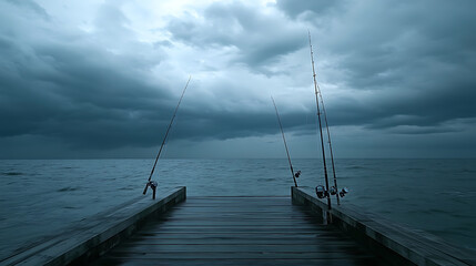 Fototapeta premium Fishing Rods on a Wooden Dock Under Stormy Skies