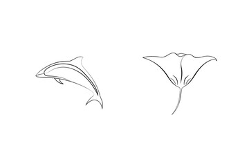Minimalist black line drawings of a dolphin and manta ray on white background
