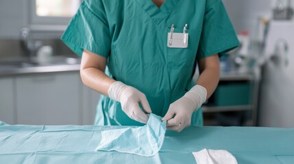 Preparing Sterile Field: Medical Professional Folding Cloth with Gloved Hands in a Clinical Setting for Hygiene and Prevention