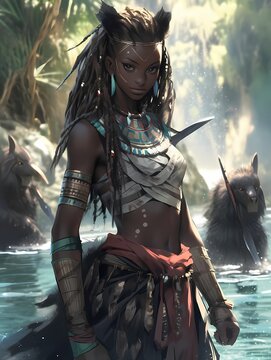 A serene warrior stands poised on the lake's edge, her vibrant attire and dreadlocks a testament to her strength and heritage, spear in hand, gazing directly at the viewer.