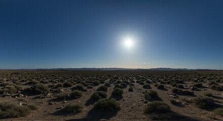 A panoramic view of a desert landscape with sparse vegetation under a bright blue sky and shining sun