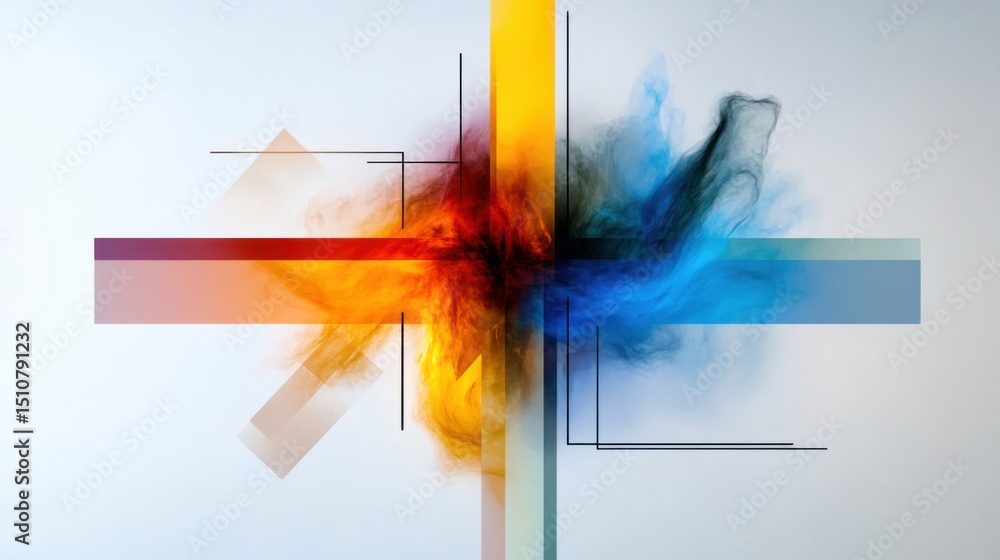 Poster bright colors blend with smoke-like patterns, creating an engaging abstract artwork. geometric shape