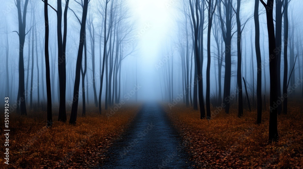 Poster a misty path leads through a forest of slender, bare trees with a dense fog hanging low. the ground 