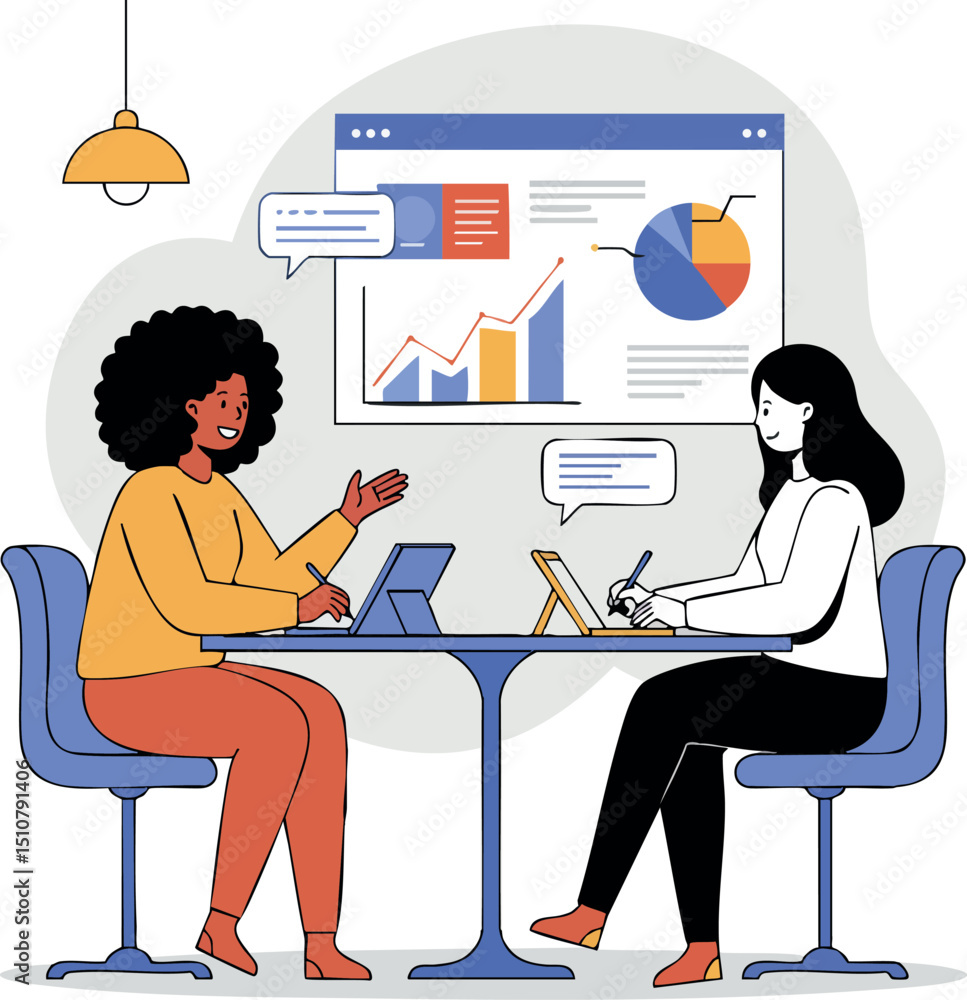 Poster business meeting with diverse colleagues discussing charts and data in office vector illustration