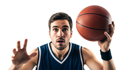 Young man prepares to shoot a basketball while showing determination and focus