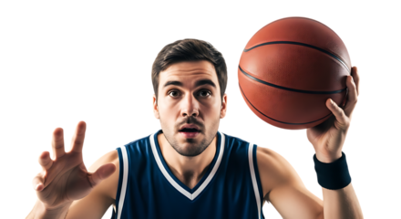 Young man prepares to shoot a basketball while showing determination and focus