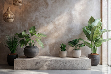Indoor plant stand on rectangular stone base
