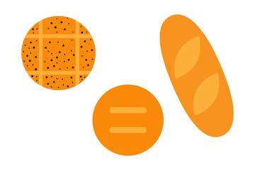 Minimalist cartoon bread set including a loaf, round bun, and seeded roll. Simple flat-style bakery illustration great for menus, kids materials, or food-related designs. PNG format