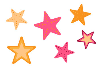 Colorful starfish sea stars set with spotted patterns, pink orange yellow marine life icons, flat design vector graphics isolated on white background. High res PNG